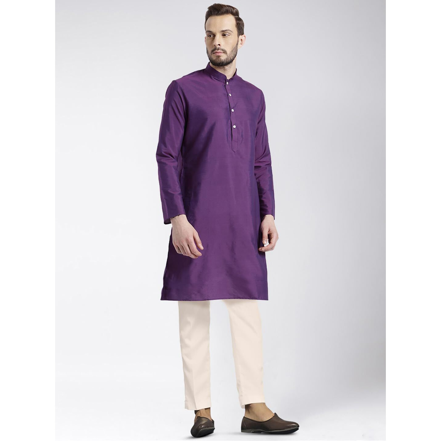 Kisah Men's Cotton Blend Long Sleeves Regular Fit Solid Purple Kurta Trousers Set (M)