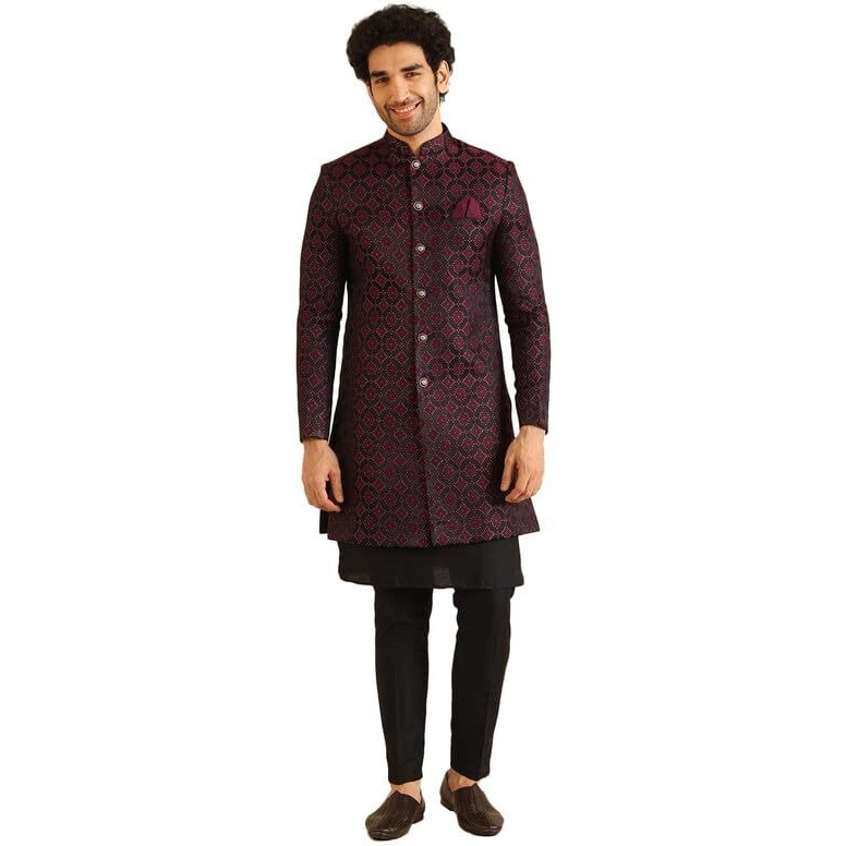 Kisah Sherwani Set For Men  Silk Blend Woven Jacquard Indo Western Sherwani With Kurta And Trouser | Designer Ethnic Outfit For Weddings & Festivals, Burgundy, 44