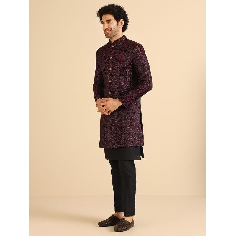 Kisah Sherwani Set For Men  Silk Blend Woven Jacquard Indo Western Sherwani With Kurta And Trouser | Designer Ethnic Outfit For Weddings & Festivals, Burgundy, 44