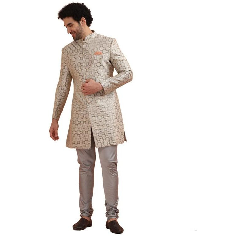 Kisah Men Grey Jacquard Indowestern Sherwani Churidar Set With Geometric, 42
