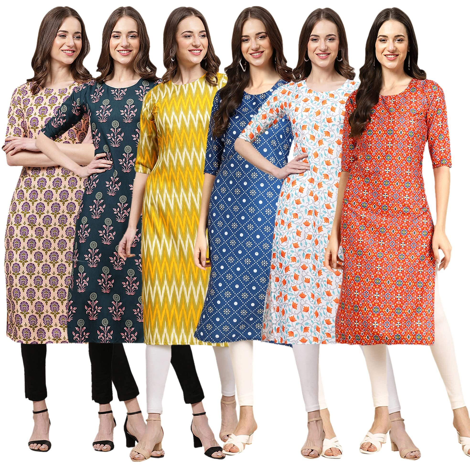 Pinkmint Women's Crepe Digital Print Straight Kurta(Pack Of 6)[Qv-332-335-329-353-334-365-S]