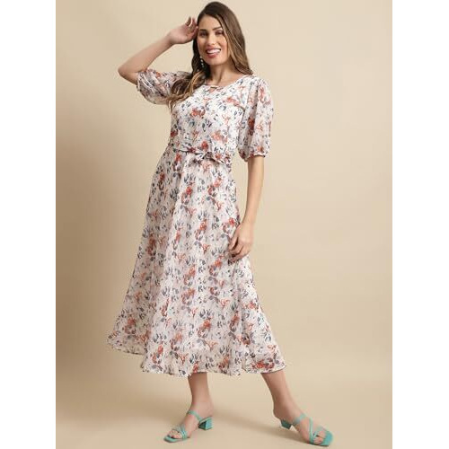 Preneum Women's Georgette A-Line Knee-Long Dress White,Medium, Medium