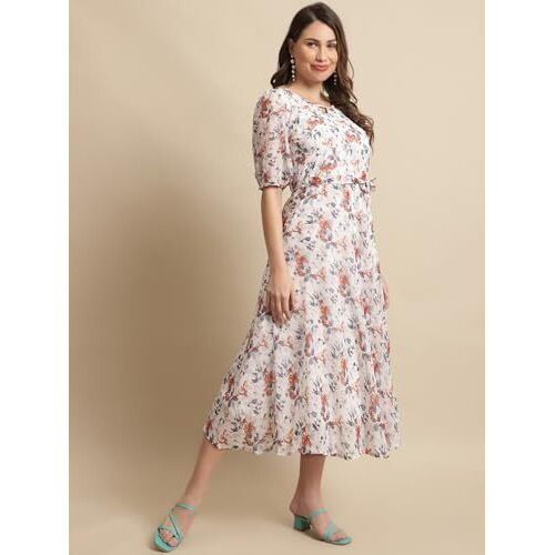 Preneum Women's Georgette A-Line Knee-Long Dress White,Medium, Medium
