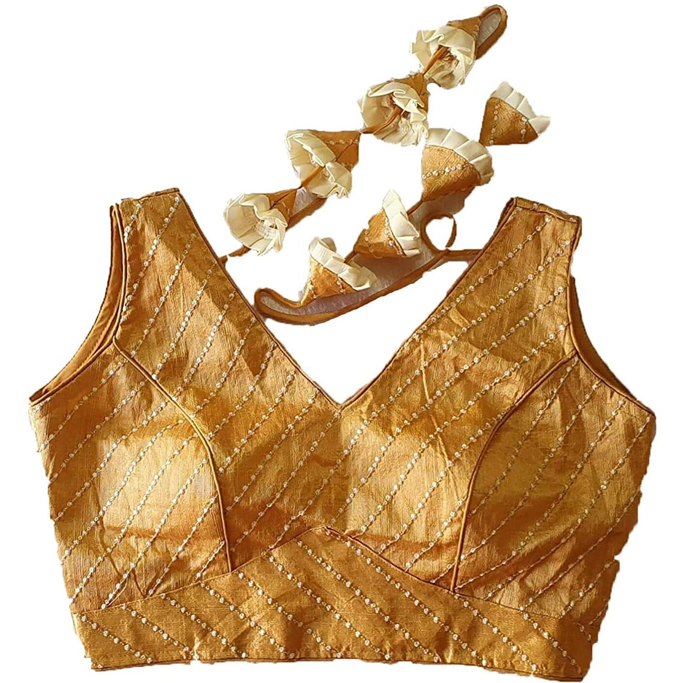 Pujia Mills Phantom Silk Thread & Sequin Work Sleeveless Blouse With Heavy Tassels (Gold, 38)