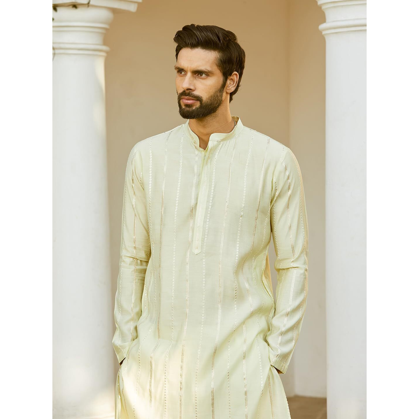 See Designs Men Full Sleeve Off White And Gold Chanderi Silk Sequins Mandarin Collar Side Slit Kurta With Pyjama - Sdkt243601Xl