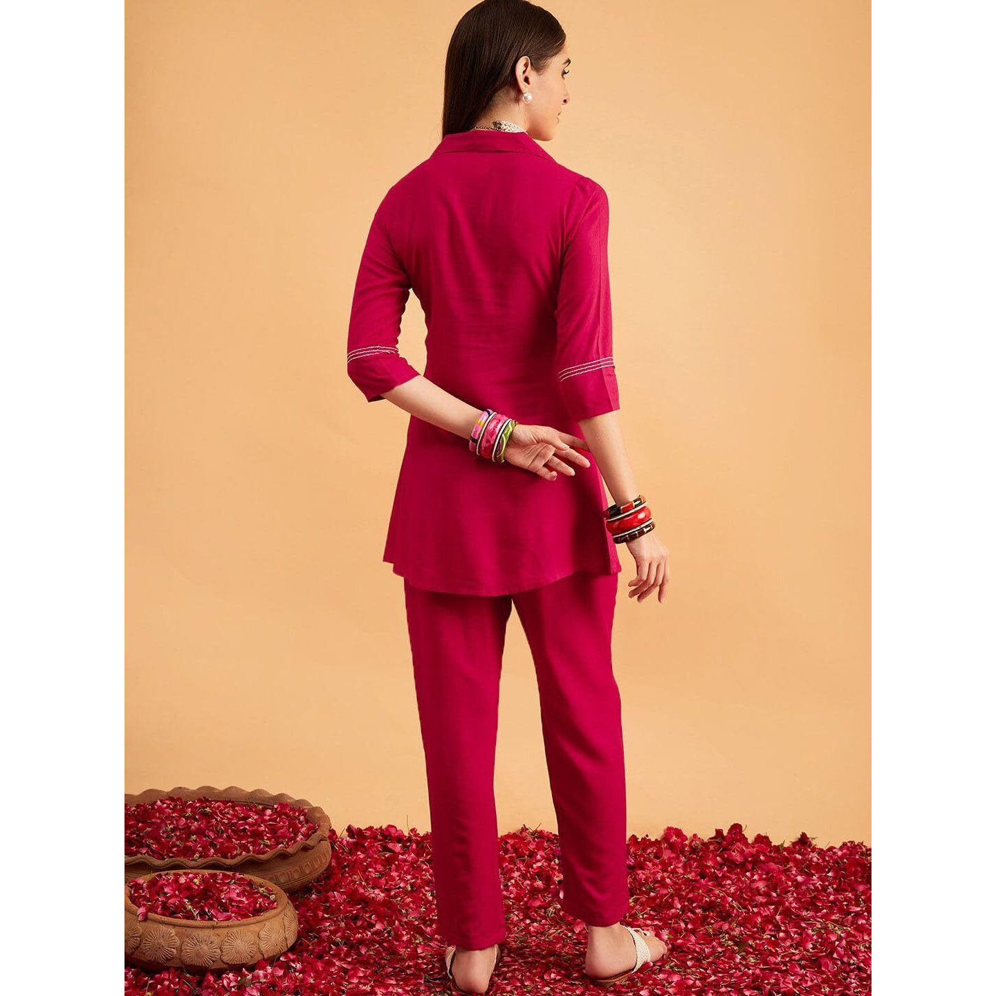 Shasmi Women's Elegant Hot Pink Co Ord Set For Women Stylish Kurta Ethnic 3/4 Sleeve Co-Ord Set (Co-Ords 191 Pink-L)