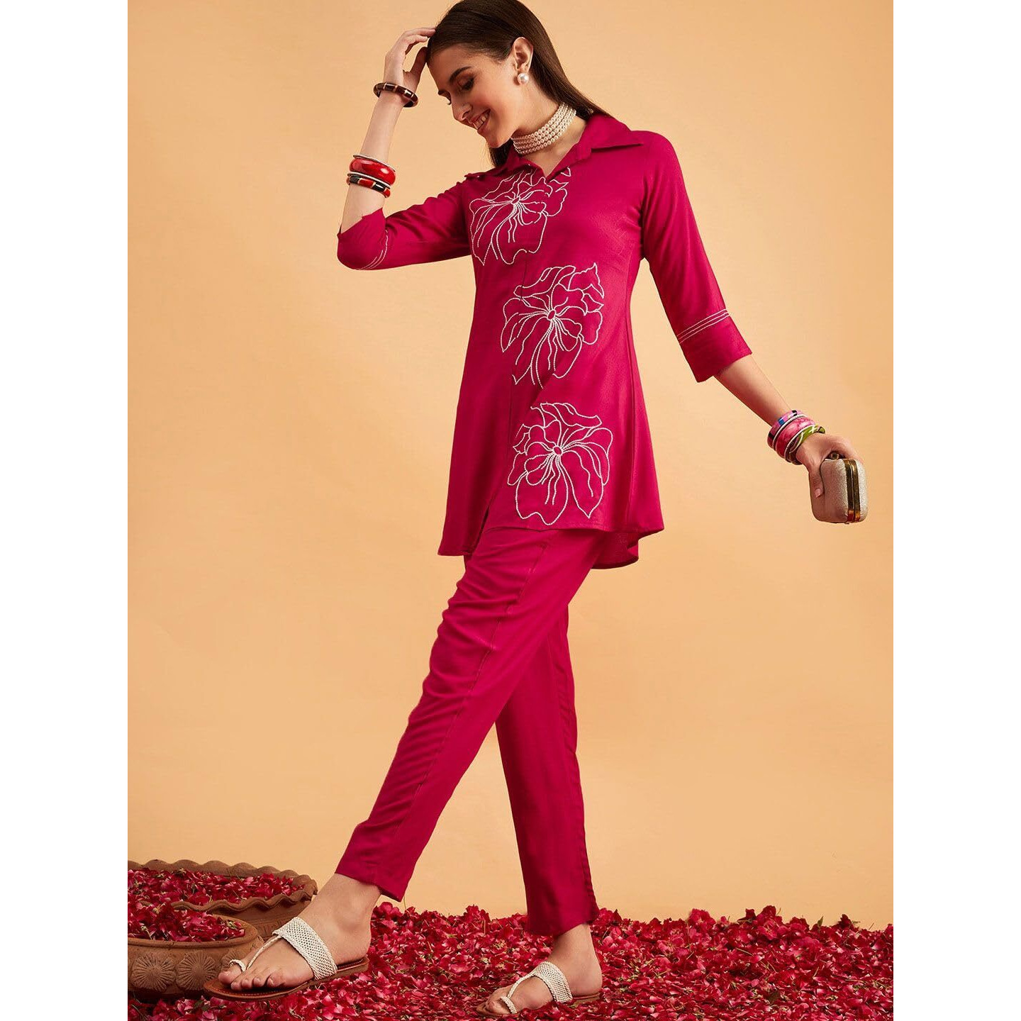 Shasmi Women's Elegant Hot Pink Co Ord Set For Women Stylish Kurta Ethnic 3/4 Sleeve Co-Ord Set (Co-Ords 191 Pink-L)