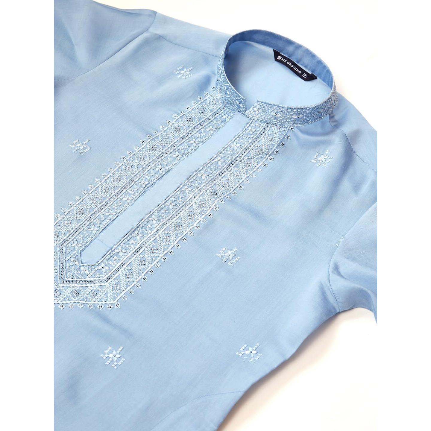 See Designs Men's Long Sleeve Mandarin Collar Side Slit Light Blue Embroidered Chanderi Silk Straight Kurta With Pyjama - Sdkt258601Xl