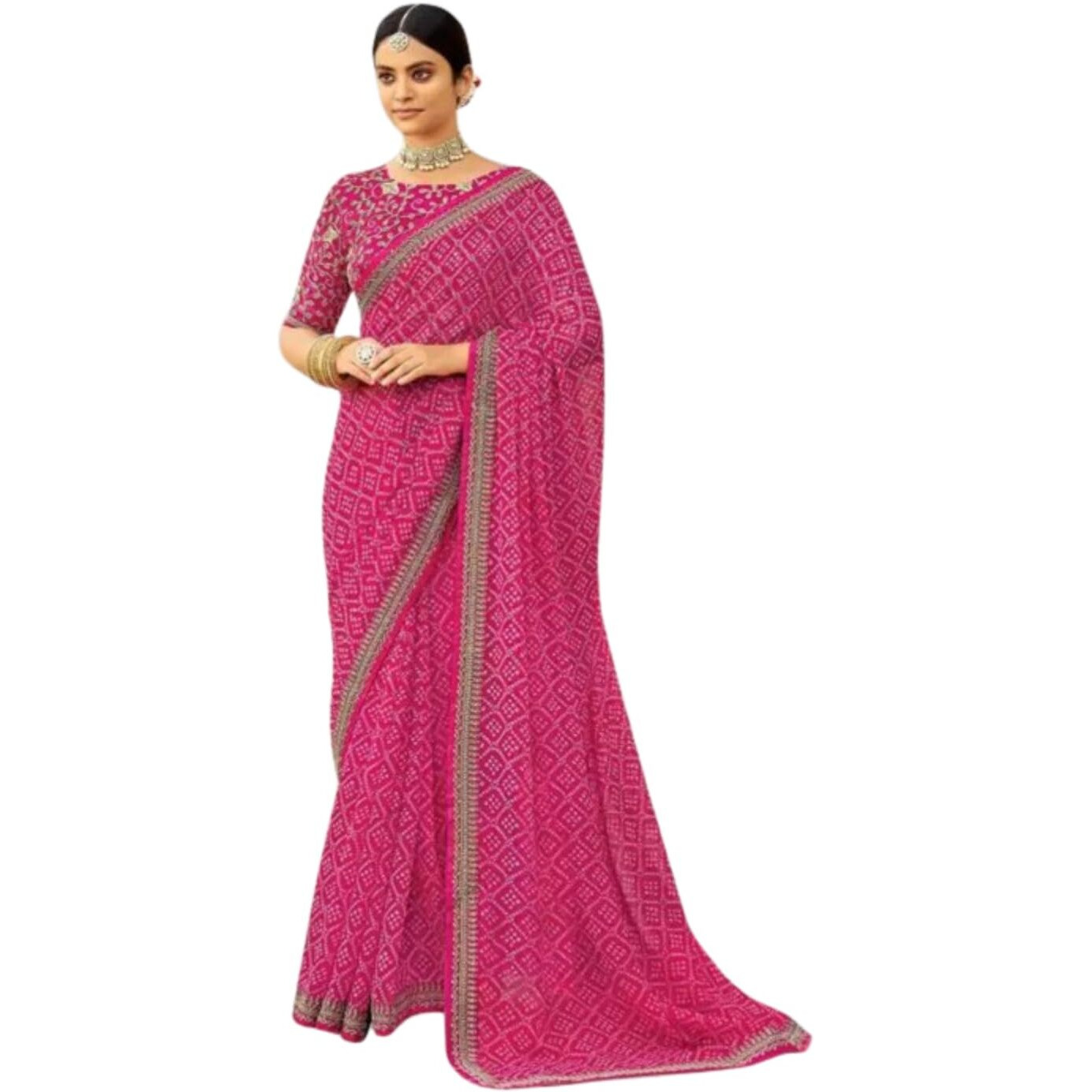 Shiv Textiles Women's Georgette Bandhani Printed & Lace Border Saree(Sat-533S-Pink)