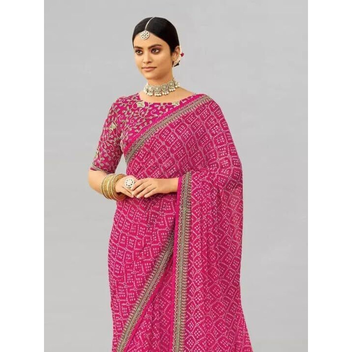 Shiv Textiles Women's Georgette Bandhani Printed & Lace Border Saree(Sat-533S-Pink)
