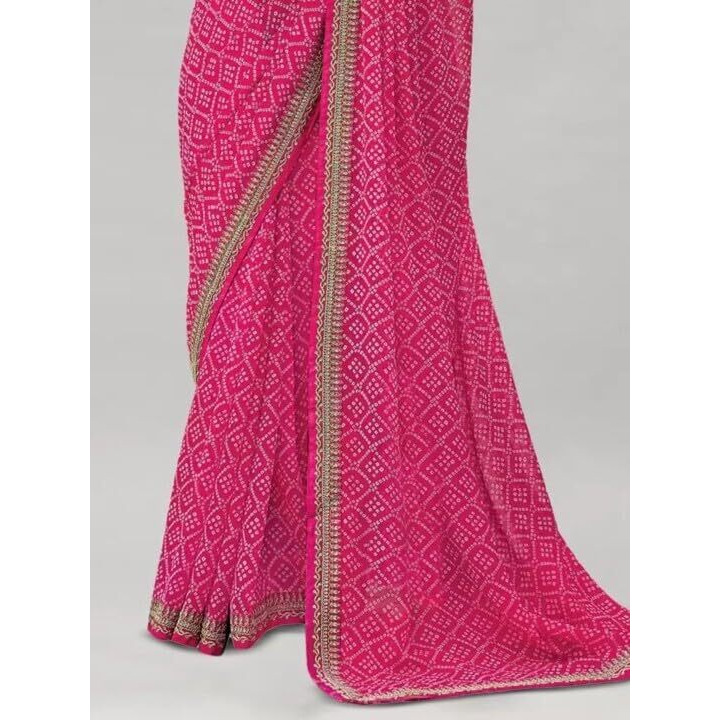 Shiv Textiles Women's Georgette Bandhani Printed & Lace Border Saree(Sat-533S-Pink)