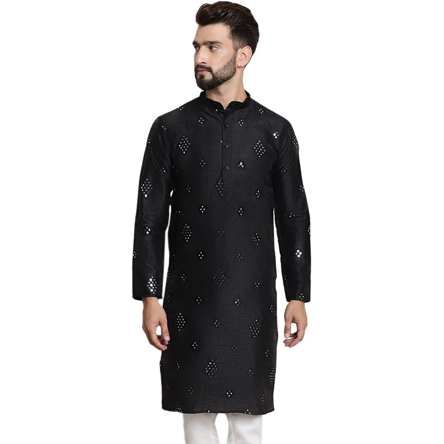 Sojanya (Since 1958 Men's Silk Blend Mirror Work Black Only Long Kurta