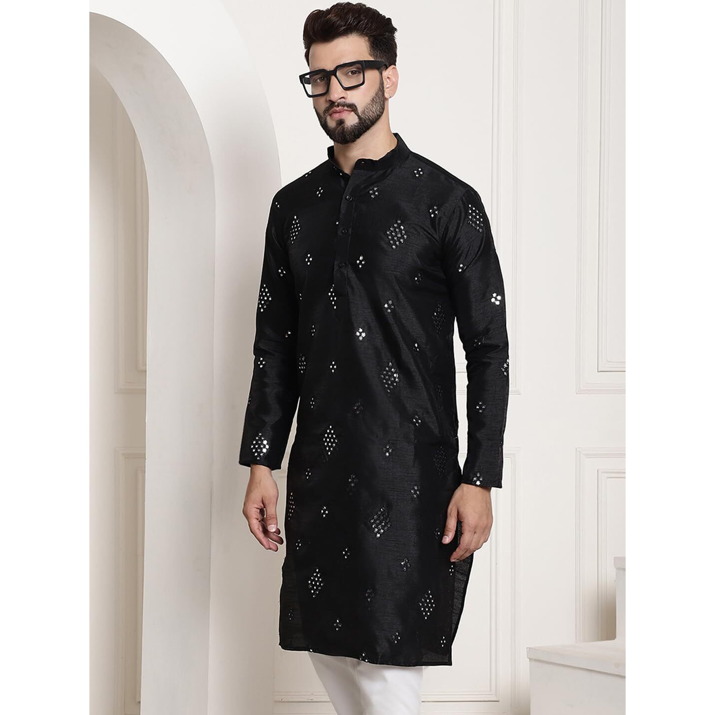 Sojanya (Since 1958 Men's Silk Blend Mirror Work Black Only Long Kurta