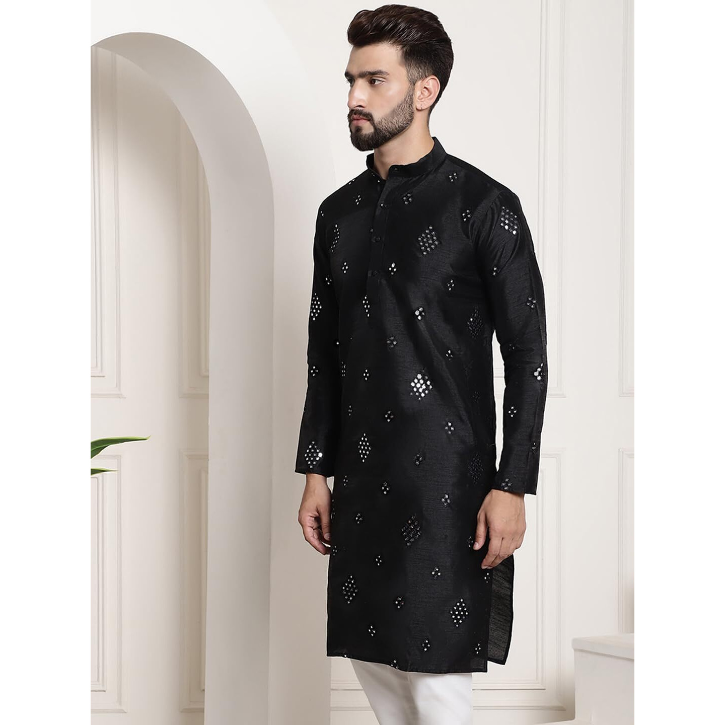 Sojanya (Since 1958 Men's Silk Blend Mirror Work Black Only Long Kurta