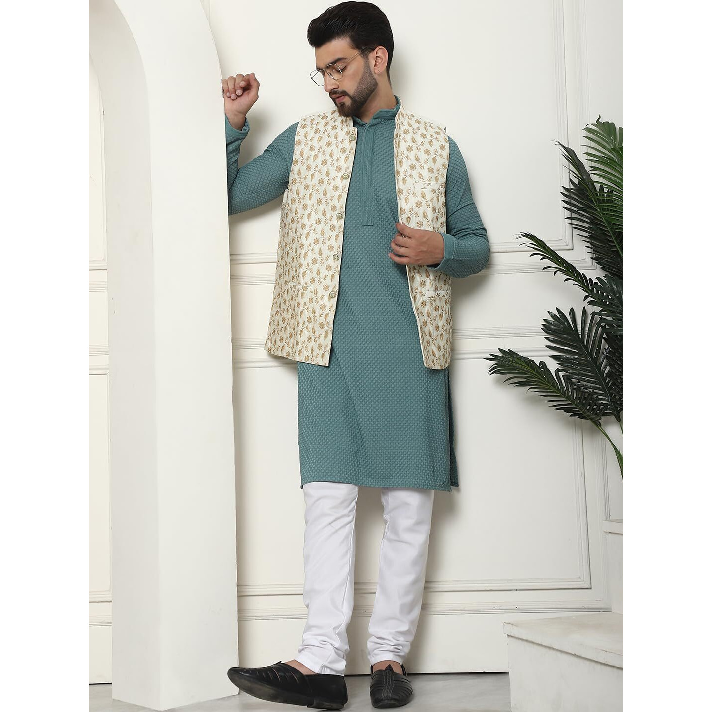 Sojanya (Since 1958 Men's Pure Cotton Sea Green Kurta And White Pyjama With Embroidered Cream Nehru Jacket