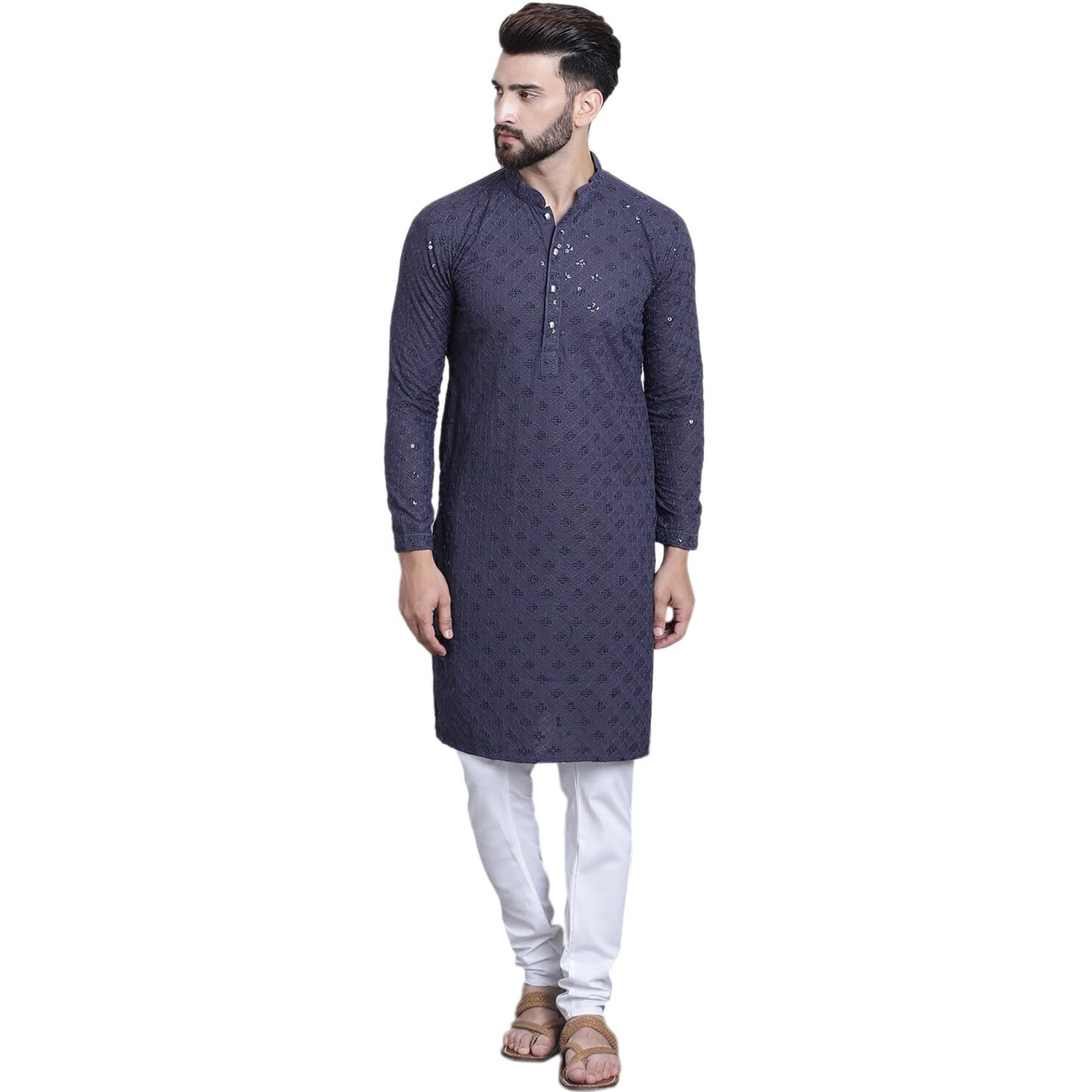 Sojanya (Since 1958 Men's Pure Cotton Grey Sequence Kurta And White Pyjama Set