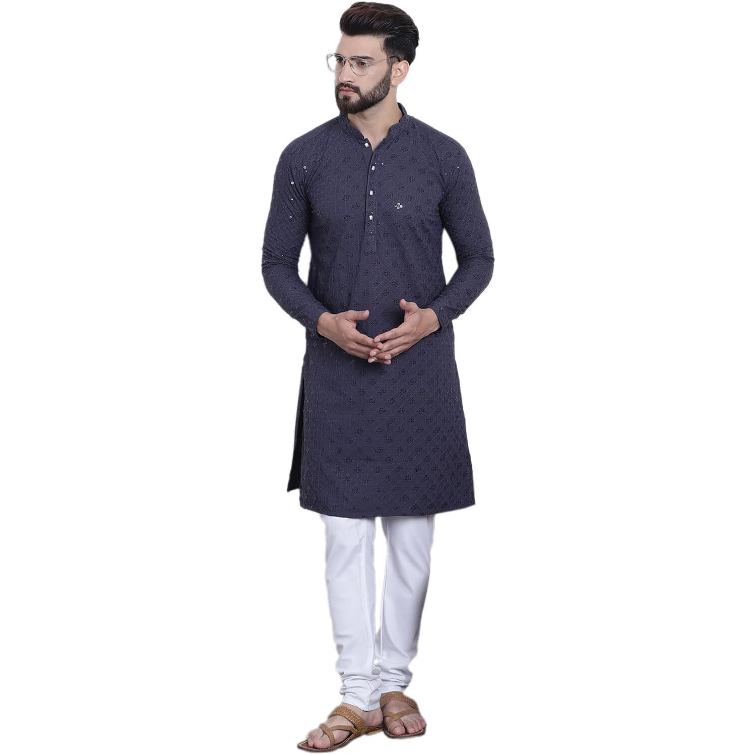 Sojanya (Since 1958 Men's Pure Cotton Grey Sequence Kurta And White Pyjama Set