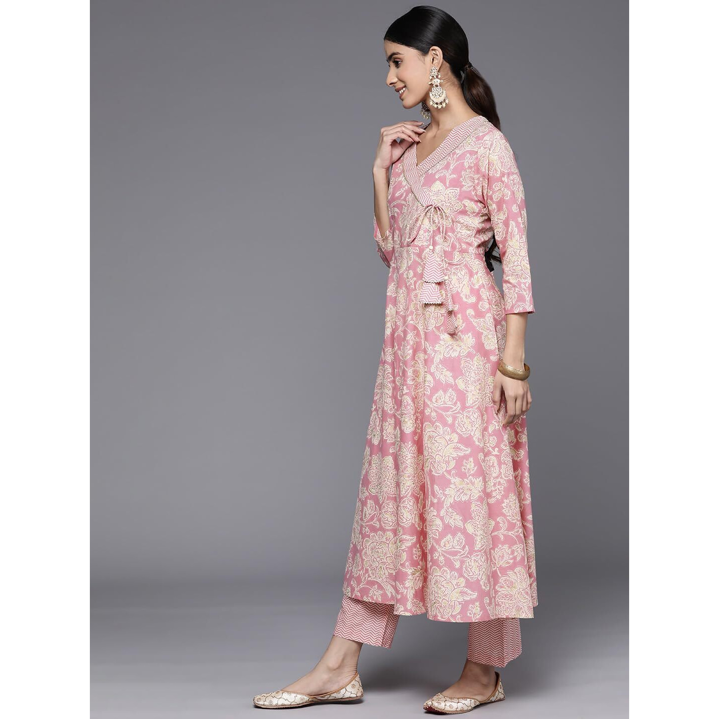Varanga Women Pink Floral Printed Angrakha Style Anarkali Kurta Paired With Printed Bottom.