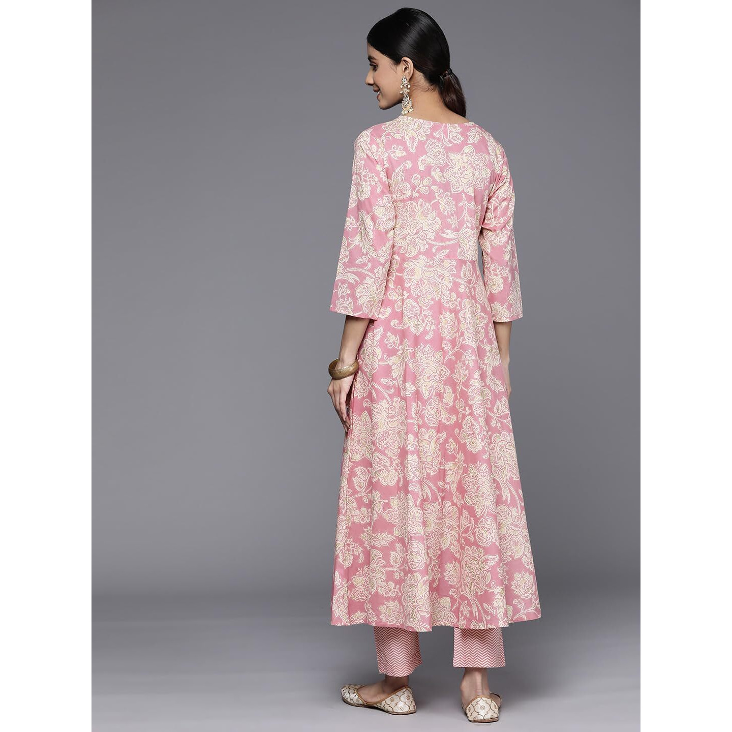 Varanga Women Pink Floral Printed Angrakha Style Anarkali Kurta Paired With Printed Bottom.