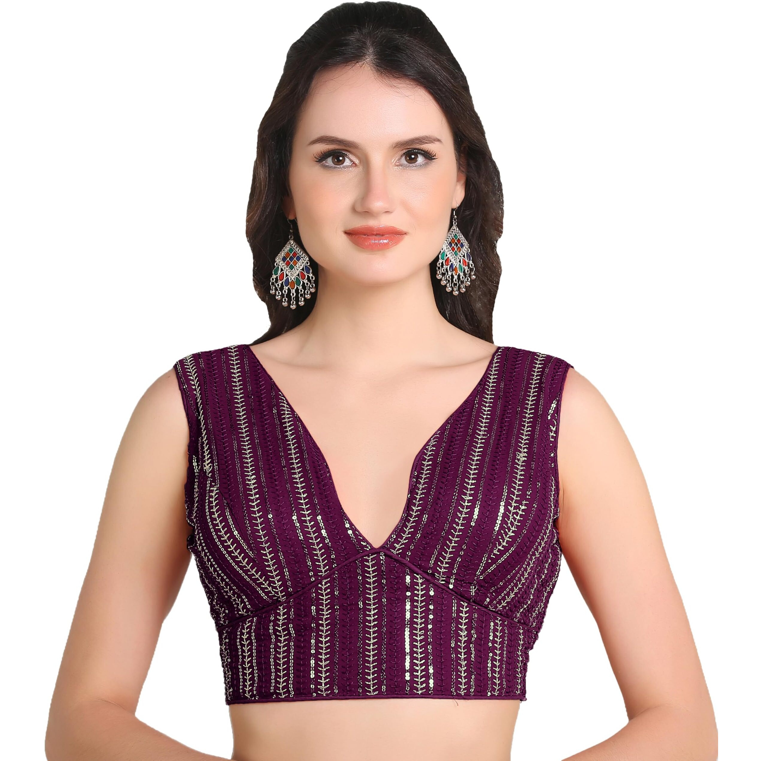 Pujia Mills Women's Indian Ethnic Wear Sabyasachi Sequence With Dhaga Embroidered Zari Work Sweetheart Neck Blouse Sleeveless Readymade Padded Saree Back Open String Pattern Blouse