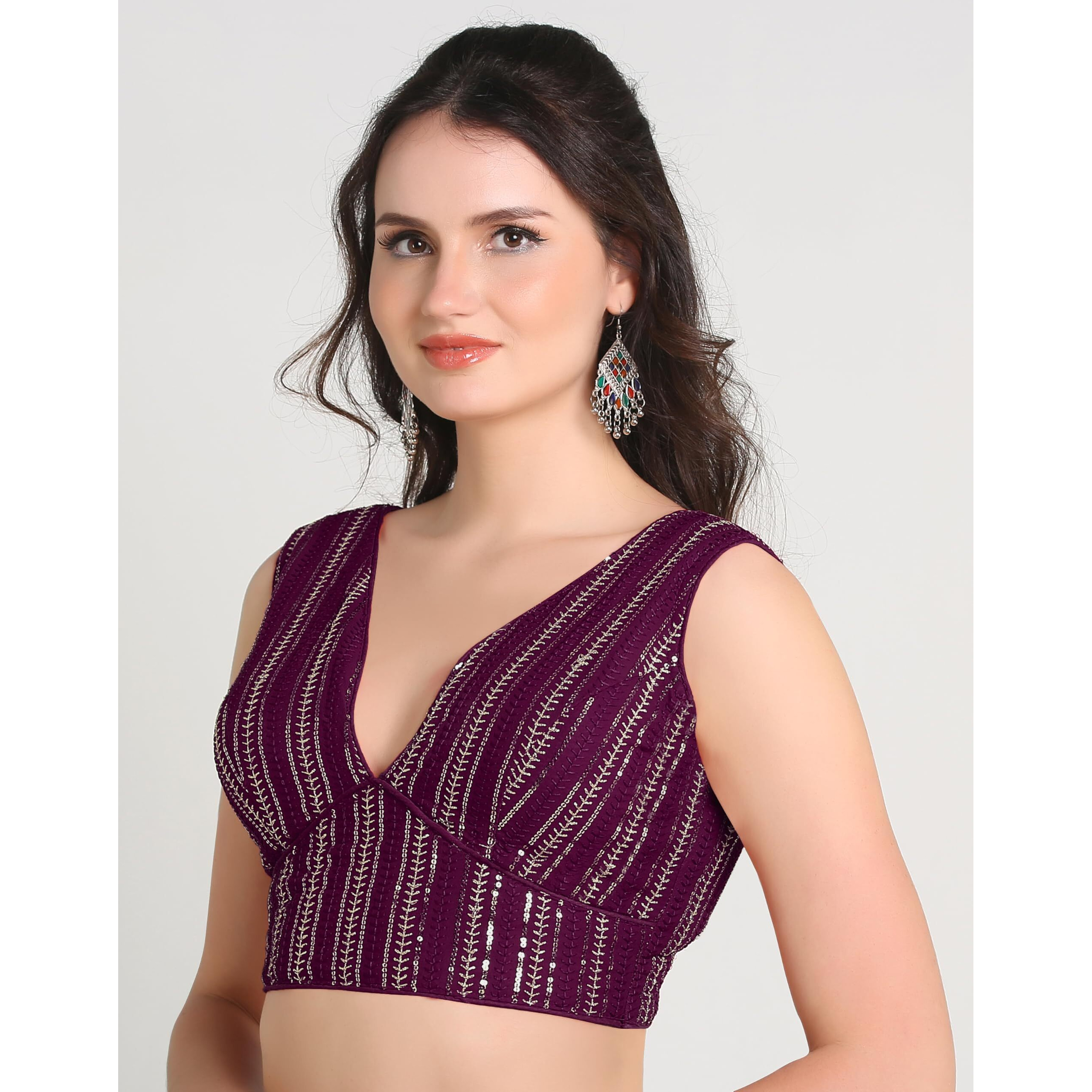 Pujia Mills Women's Indian Ethnic Wear Sabyasachi Sequence With Dhaga Embroidered Zari Work Sweetheart Neck Blouse Sleeveless Readymade Padded Saree Back Open String Pattern Blouse