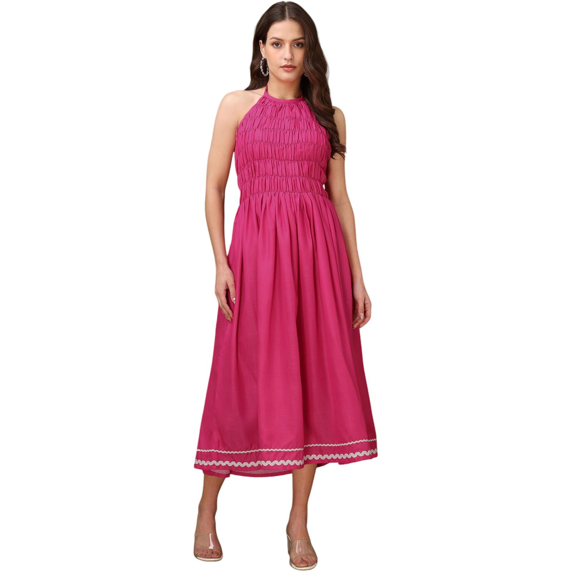 Purvaja Womens Halter Neck Fit & Flared Cotton Blend Dress (Floe-040-S_Pink)