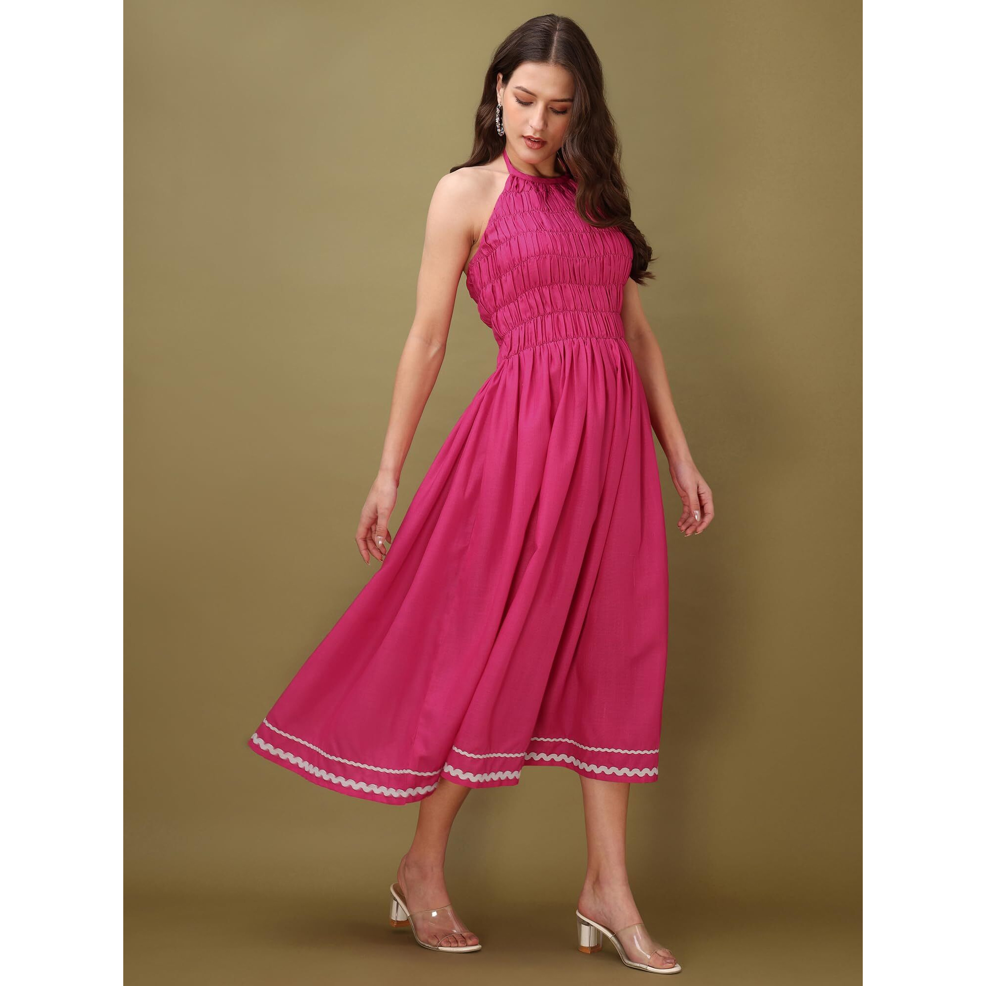 Purvaja Womens Halter Neck Fit & Flared Cotton Blend Dress (Floe-040-S_Pink)