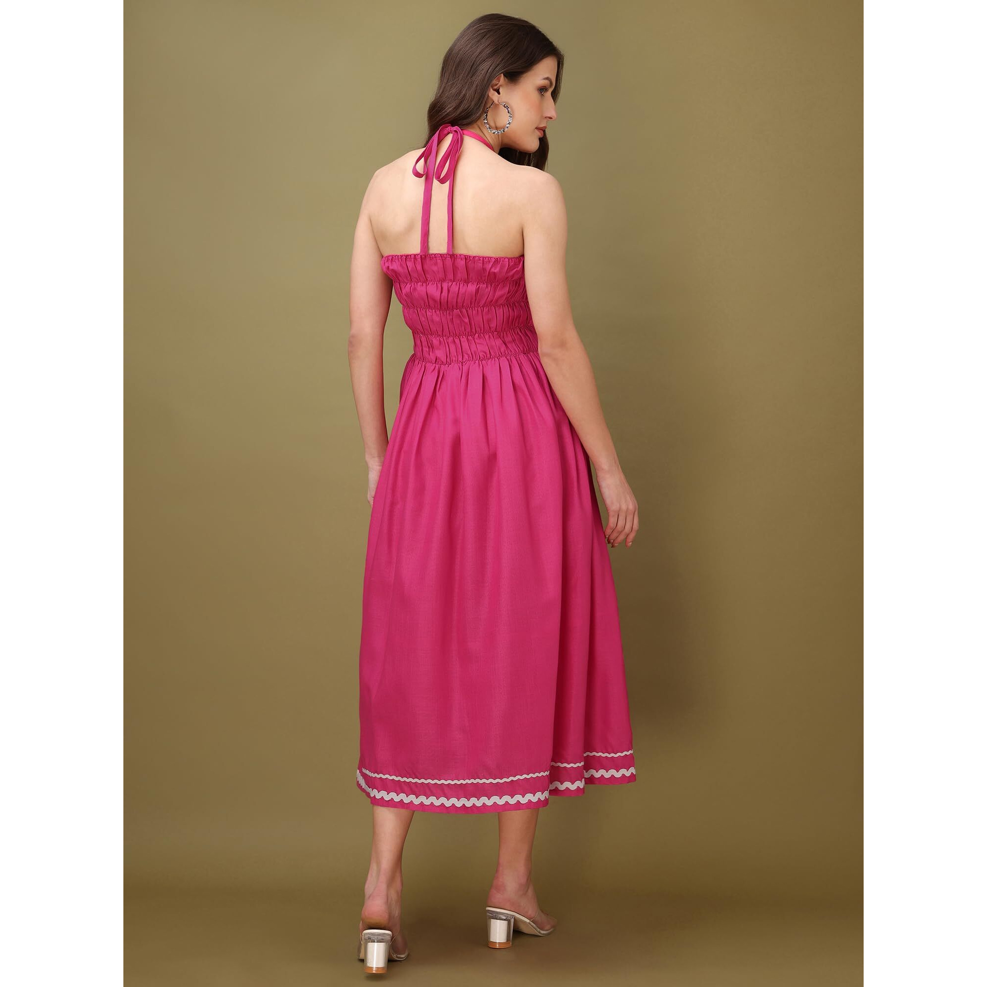 Purvaja Womens Halter Neck Fit & Flared Cotton Blend Dress (Floe-040-S_Pink)