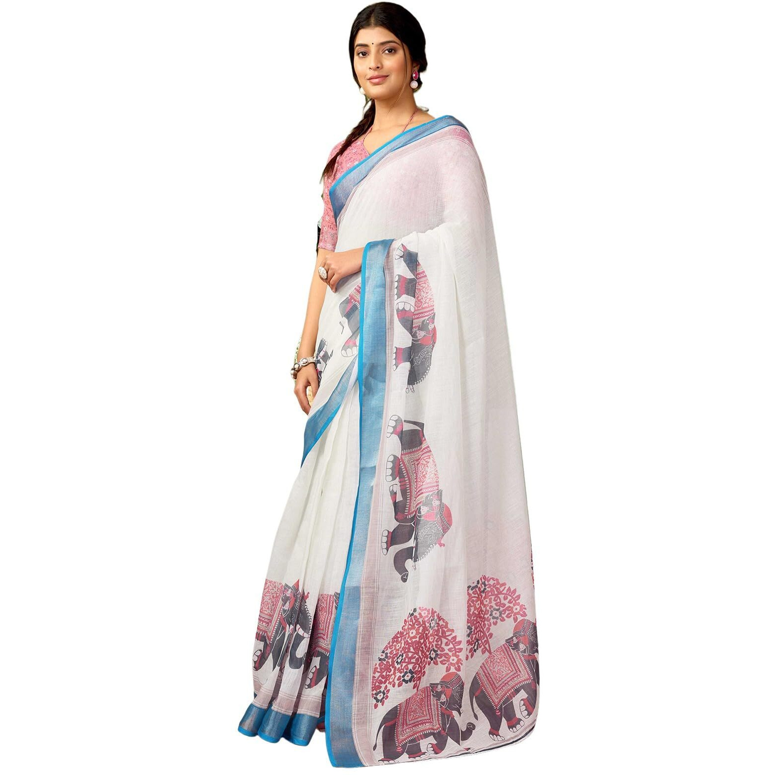Satrani Women's Linen Printed & Zari Border Ready To Wear One Minute Pre Pleated Readymade Saree With Unstitched Blouse Piece (35Rs340N_Off White & Multi)