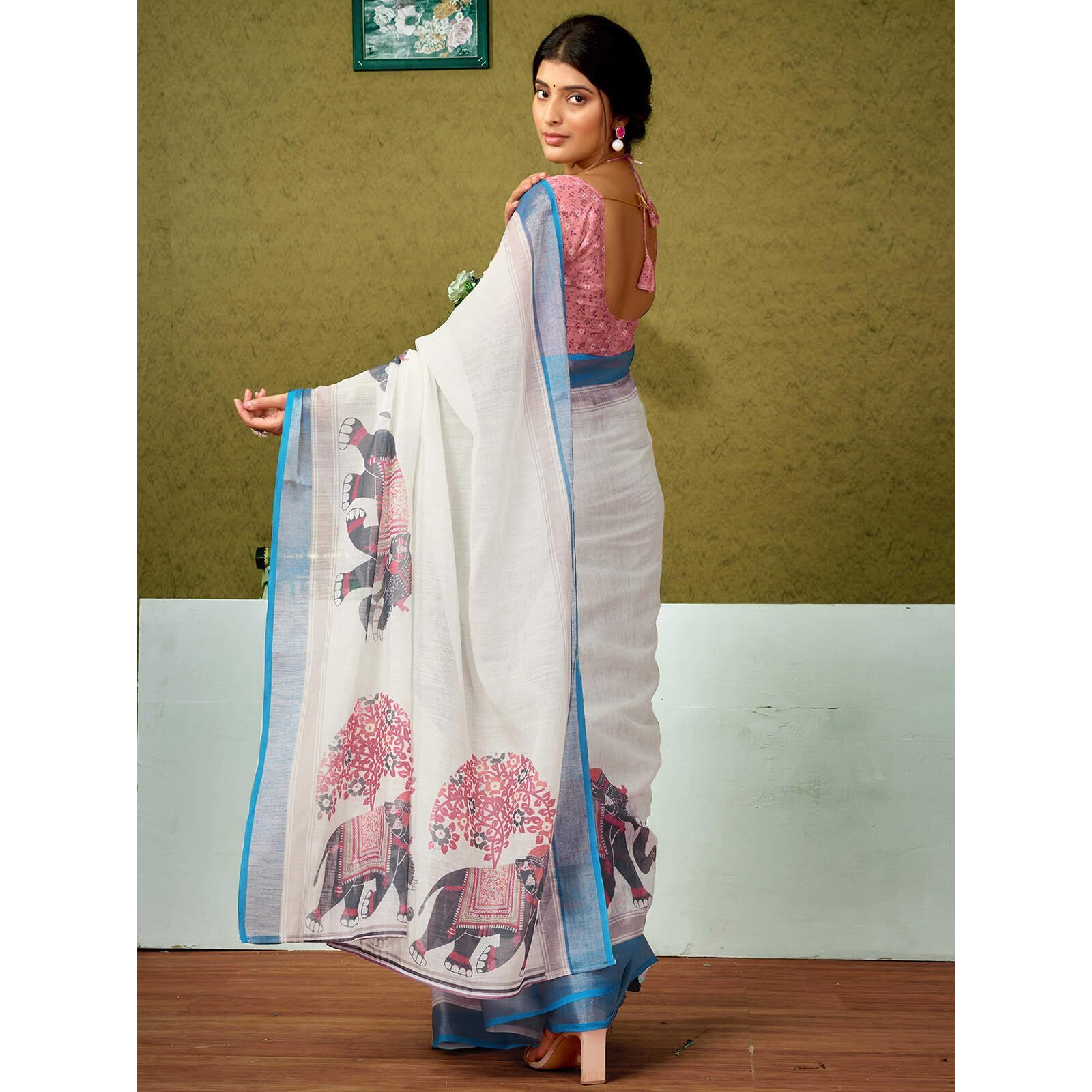 Satrani Women's Linen Printed & Zari Border Ready To Wear One Minute Pre Pleated Readymade Saree With Unstitched Blouse Piece (35Rs340N_Off White & Multi)