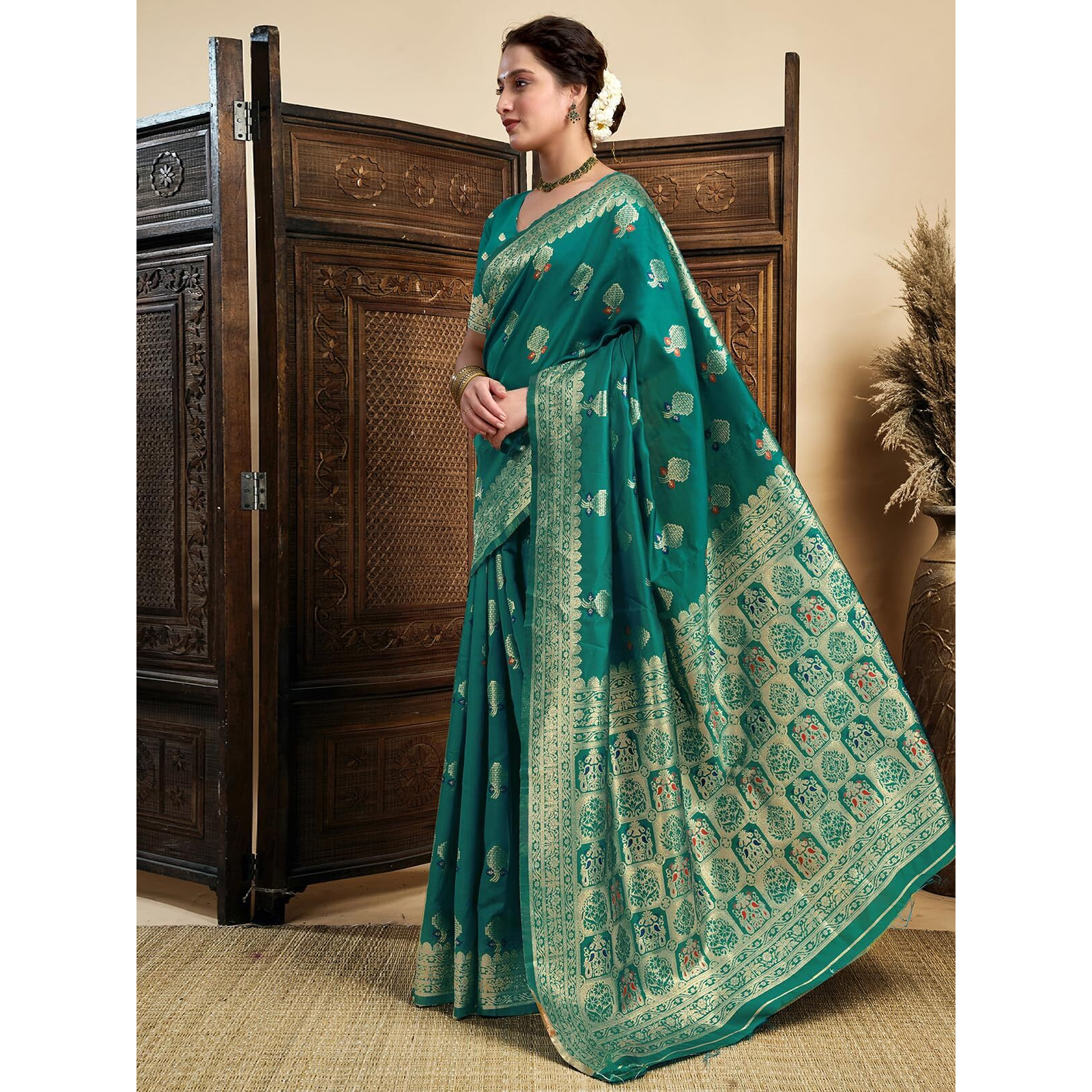 Satrani Women's Banarasi Silk Weaving Saree With Unstitched Blouse Piece (4208S862N_Teal Green)
