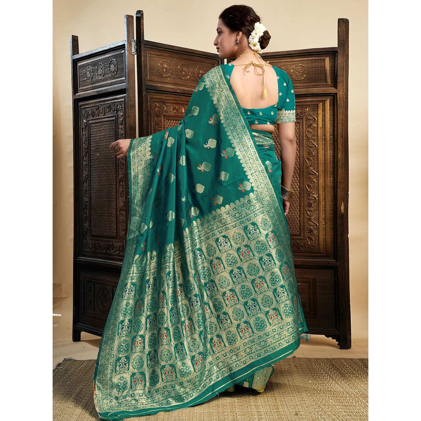 Satrani Women's Banarasi Silk Weaving Saree With Unstitched Blouse Piece (4208S862N_Teal Green)
