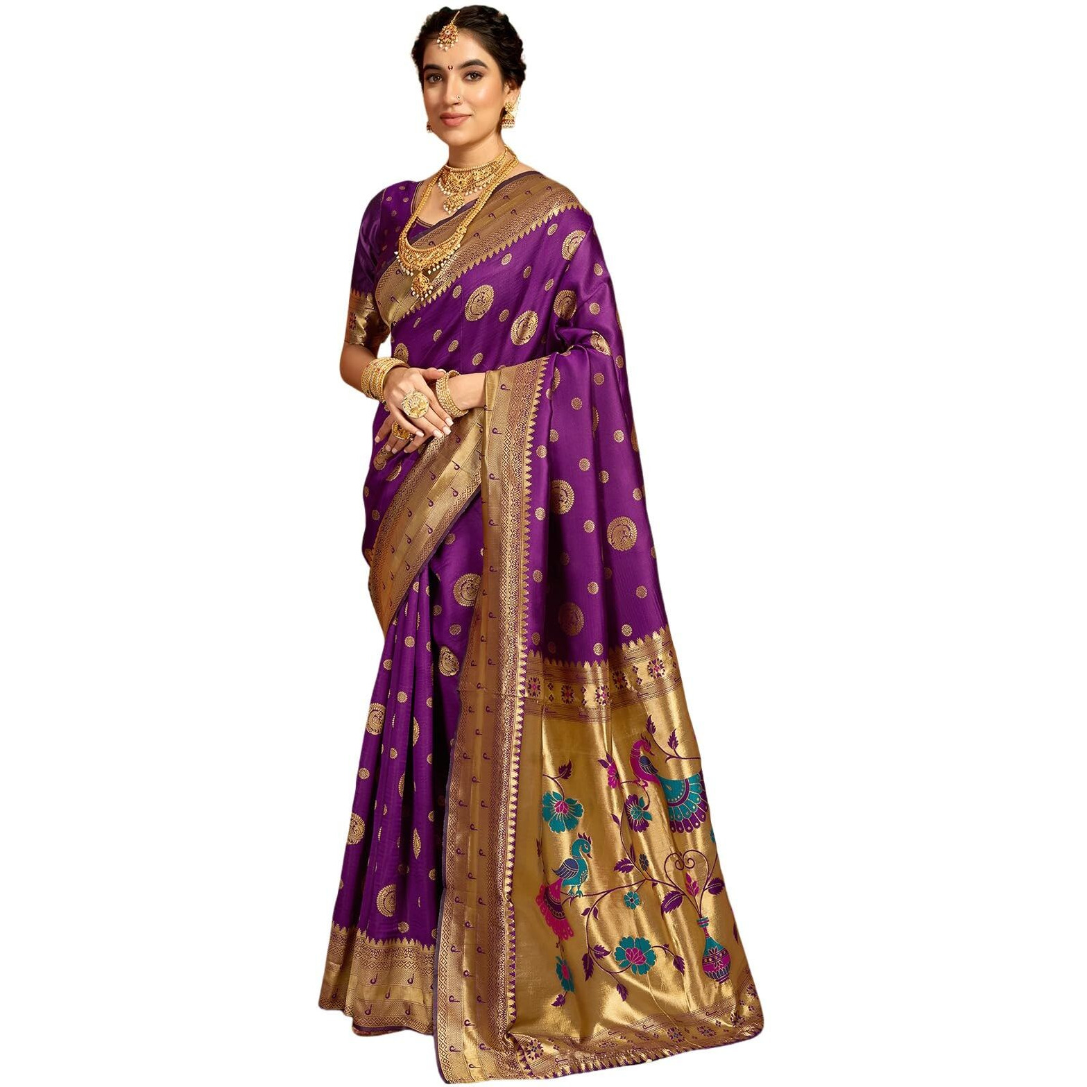 Satrani Women's Silk Paithani Jacquard Saree With Unstitched Blouse Piece (4052S6364N_Dark Purple2)