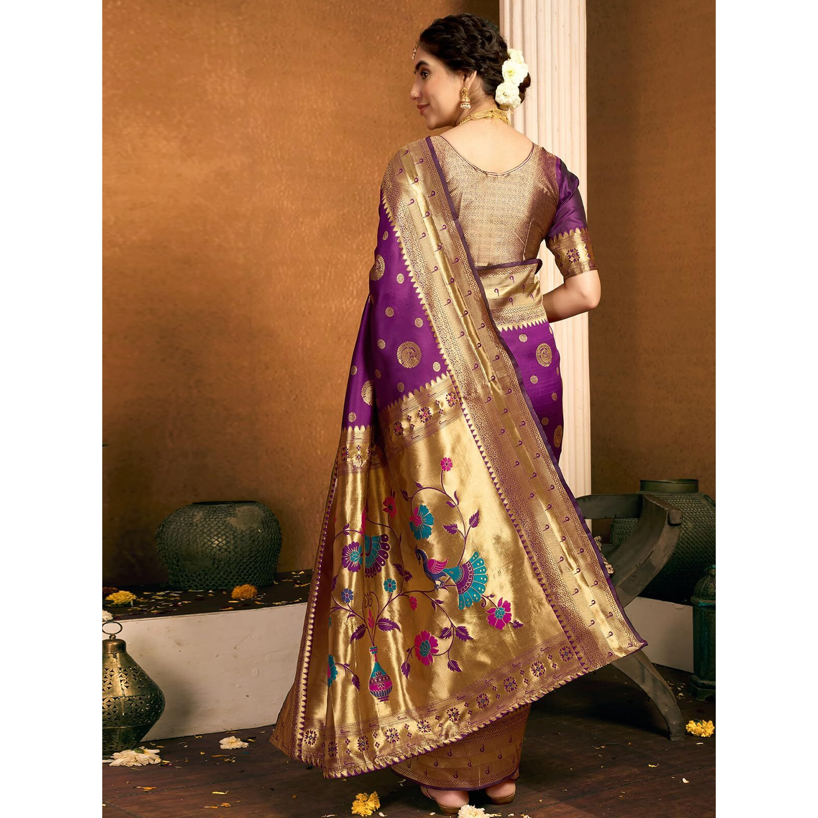 Satrani Women's Silk Paithani Jacquard Saree With Unstitched Blouse Piece (4052S6364N_Dark Purple2)