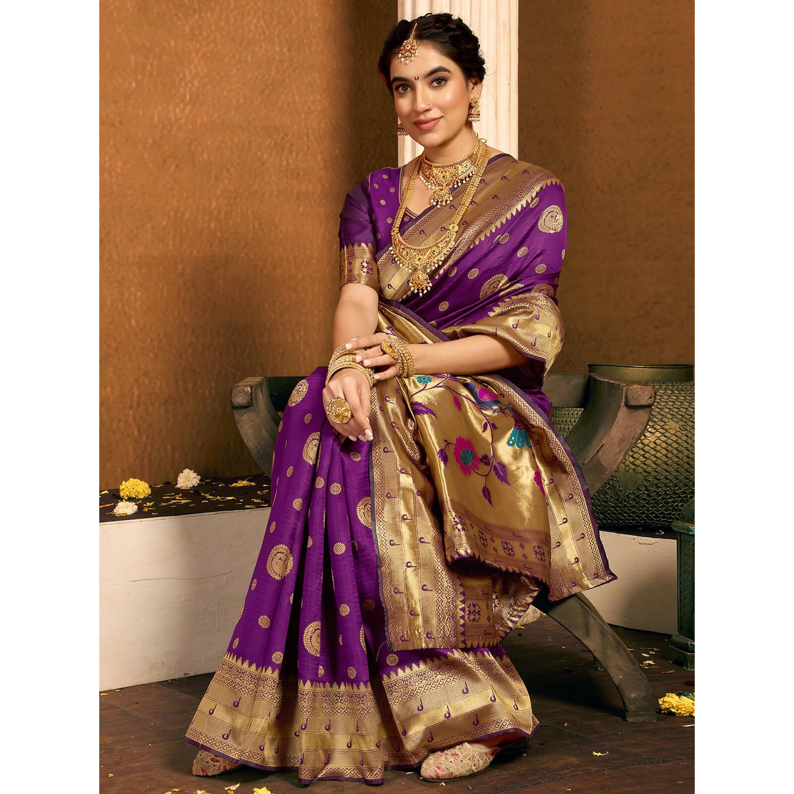 Satrani Women's Silk Paithani Jacquard Saree With Unstitched Blouse Piece (4052S6364N_Dark Purple2)