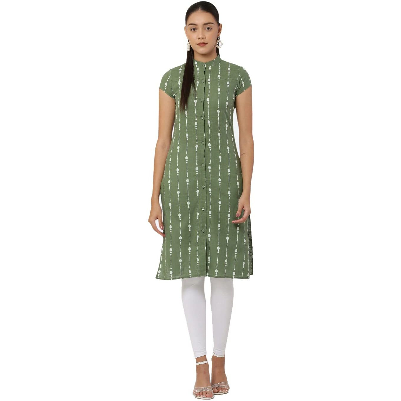 See Designs Women Green & White Khari Print Cape Sleeve Straight Kurta - Sd1601Xs