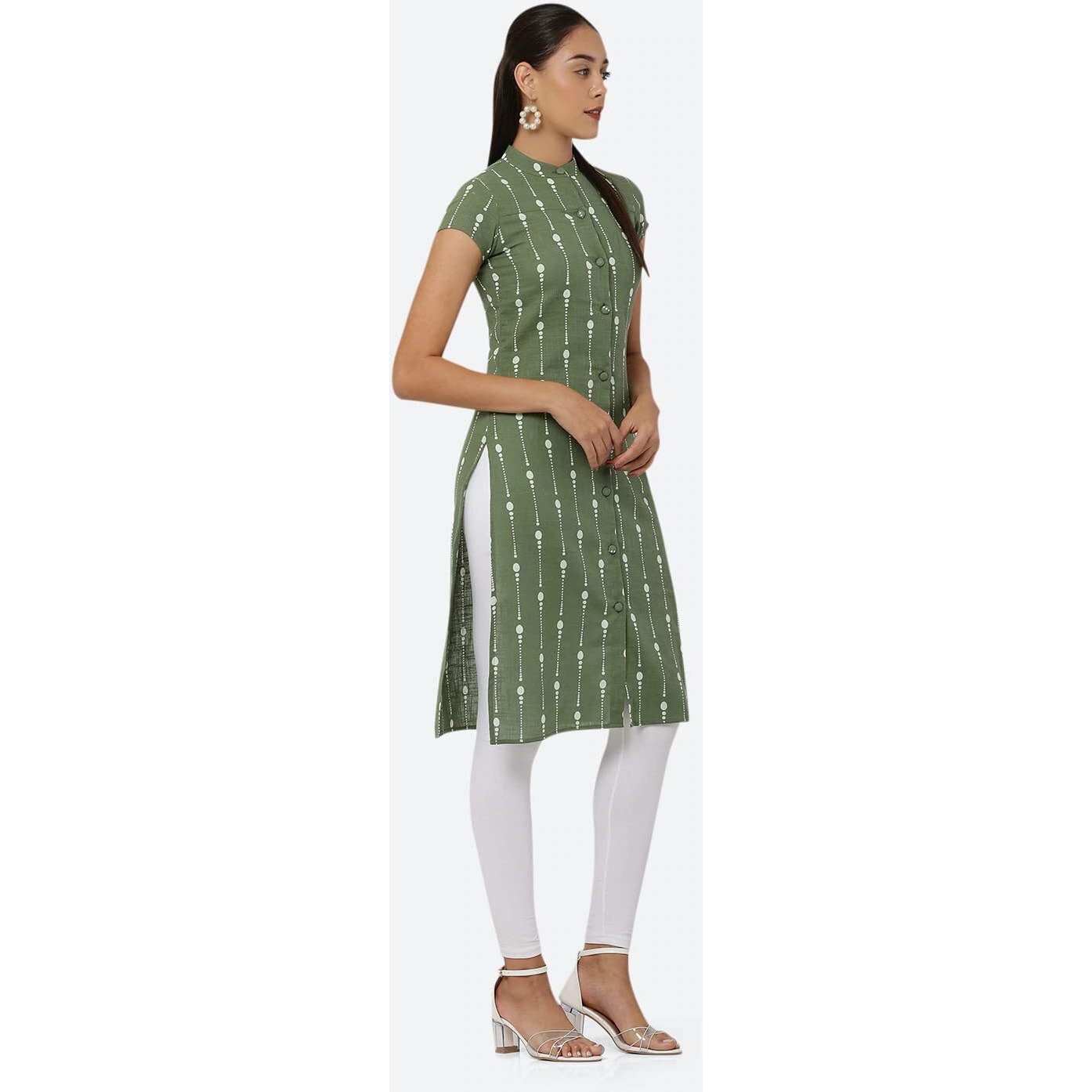 See Designs Women Green & White Khari Print Cape Sleeve Straight Kurta - Sd1601Xs