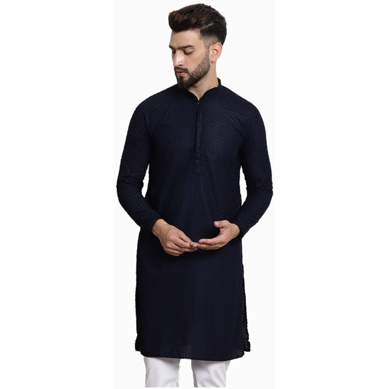 Sojanya (Since 1958 Mens Pure Cotton Checked Embroidered Navy Blue Color Only Long Kurta