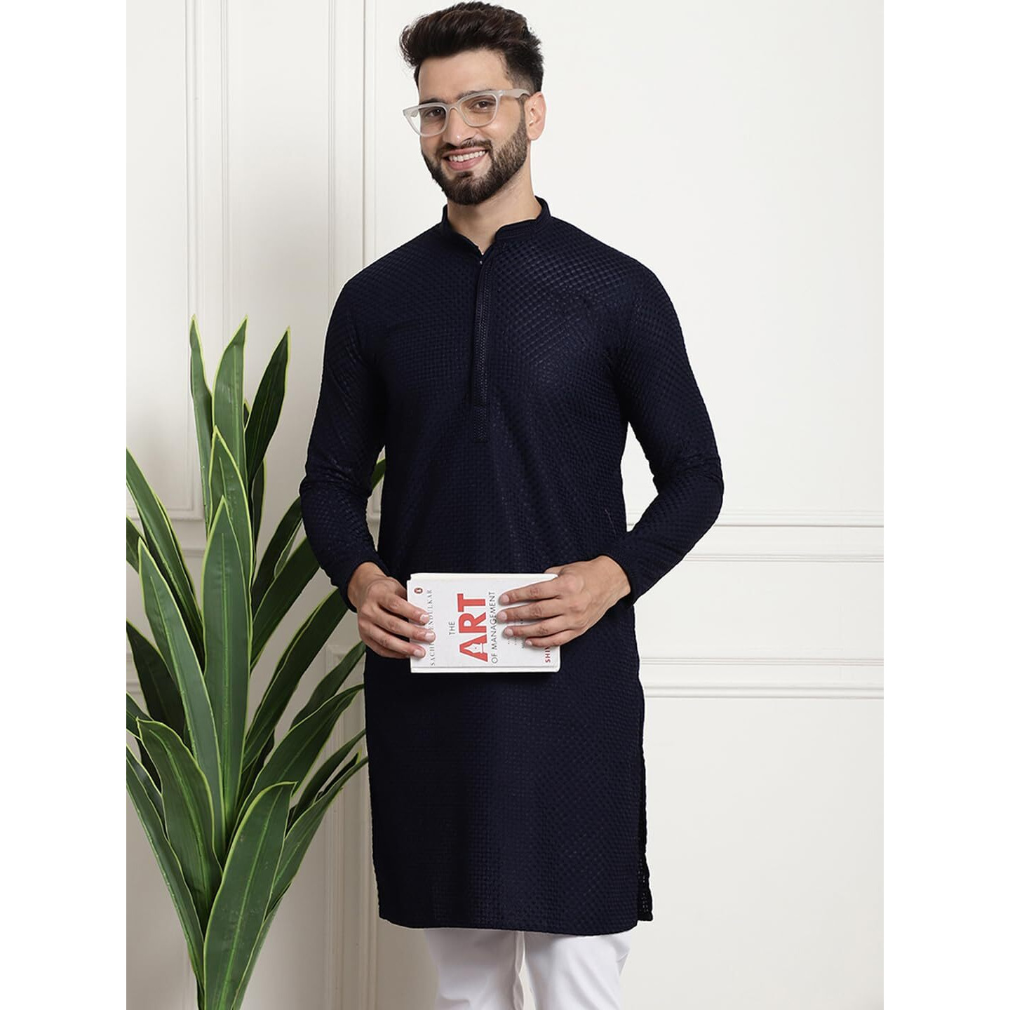 Sojanya (Since 1958 Mens Pure Cotton Checked Embroidered Navy Blue Color Only Long Kurta