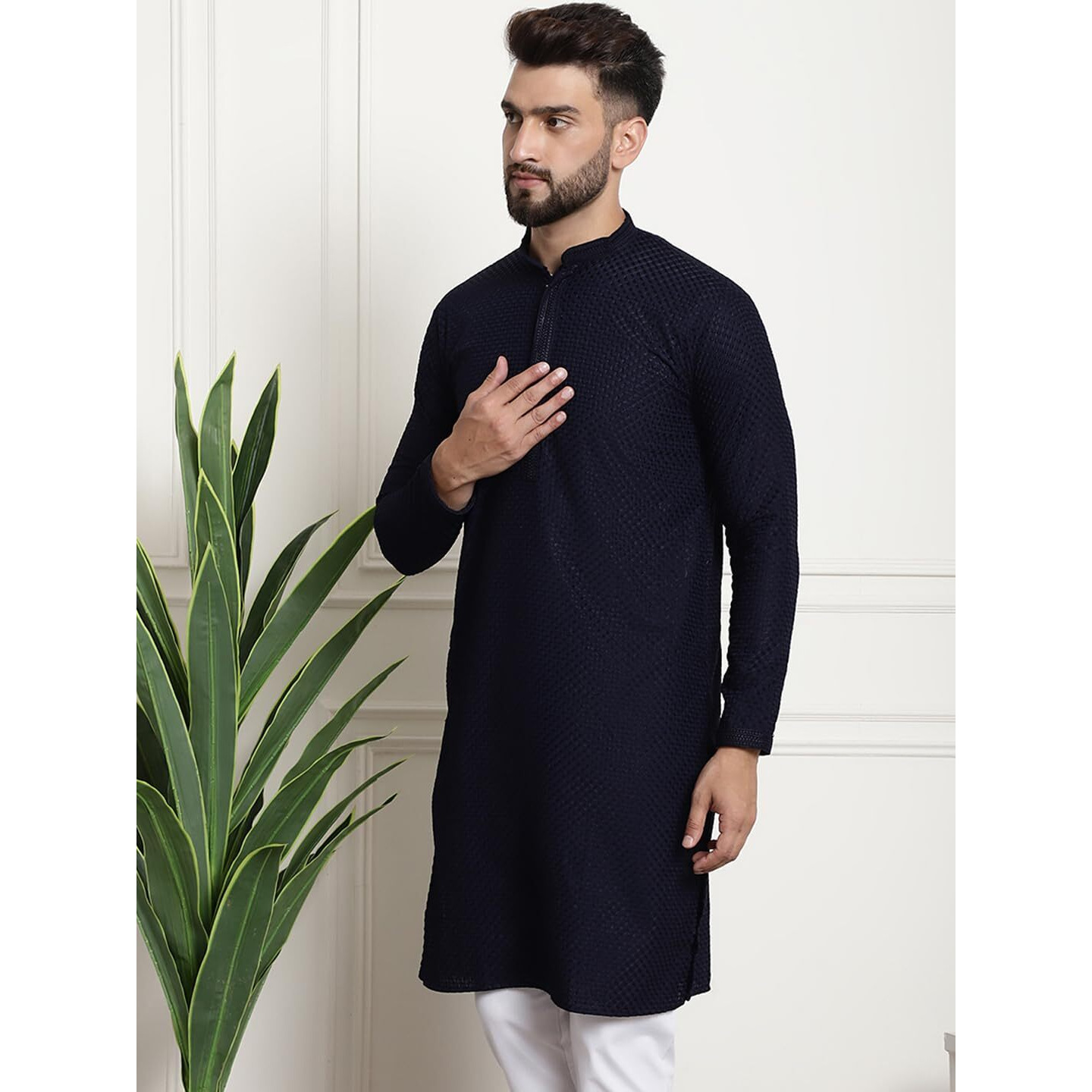 Sojanya (Since 1958 Mens Pure Cotton Checked Embroidered Navy Blue Color Only Long Kurta