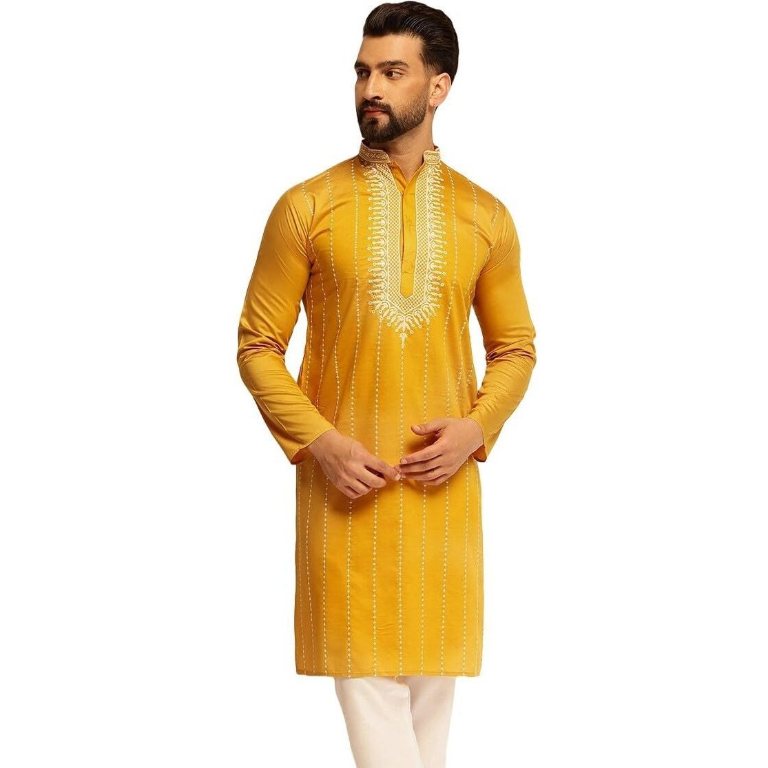 Sojanya (Since 1958 Men's Cotton Silk Mustard Long Kurta With Elegant Neck Embroidery