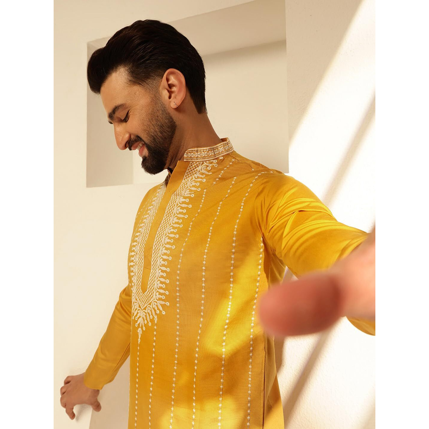 Sojanya (Since 1958 Men's Cotton Silk Mustard Long Kurta With Elegant Neck Embroidery