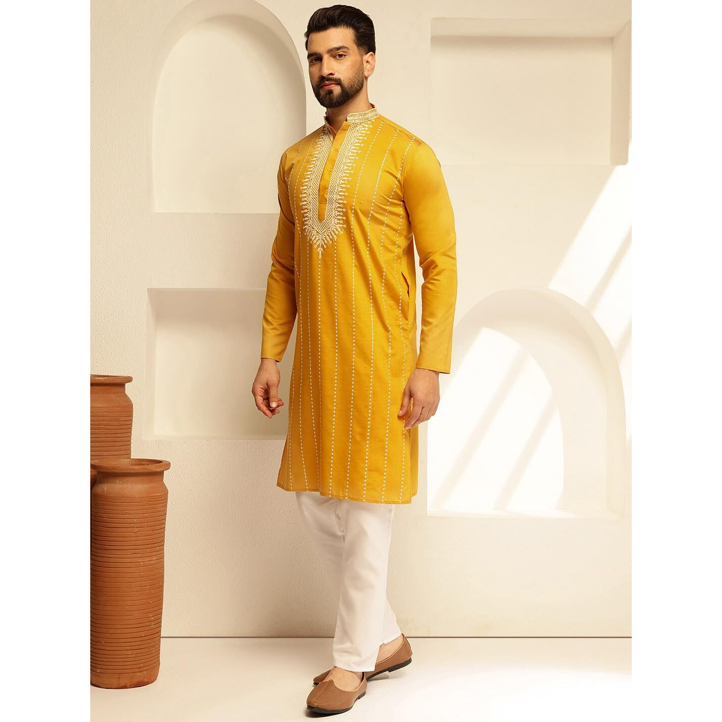 Sojanya (Since 1958 Men's Cotton Silk Mustard Long Kurta With Elegant Neck Embroidery