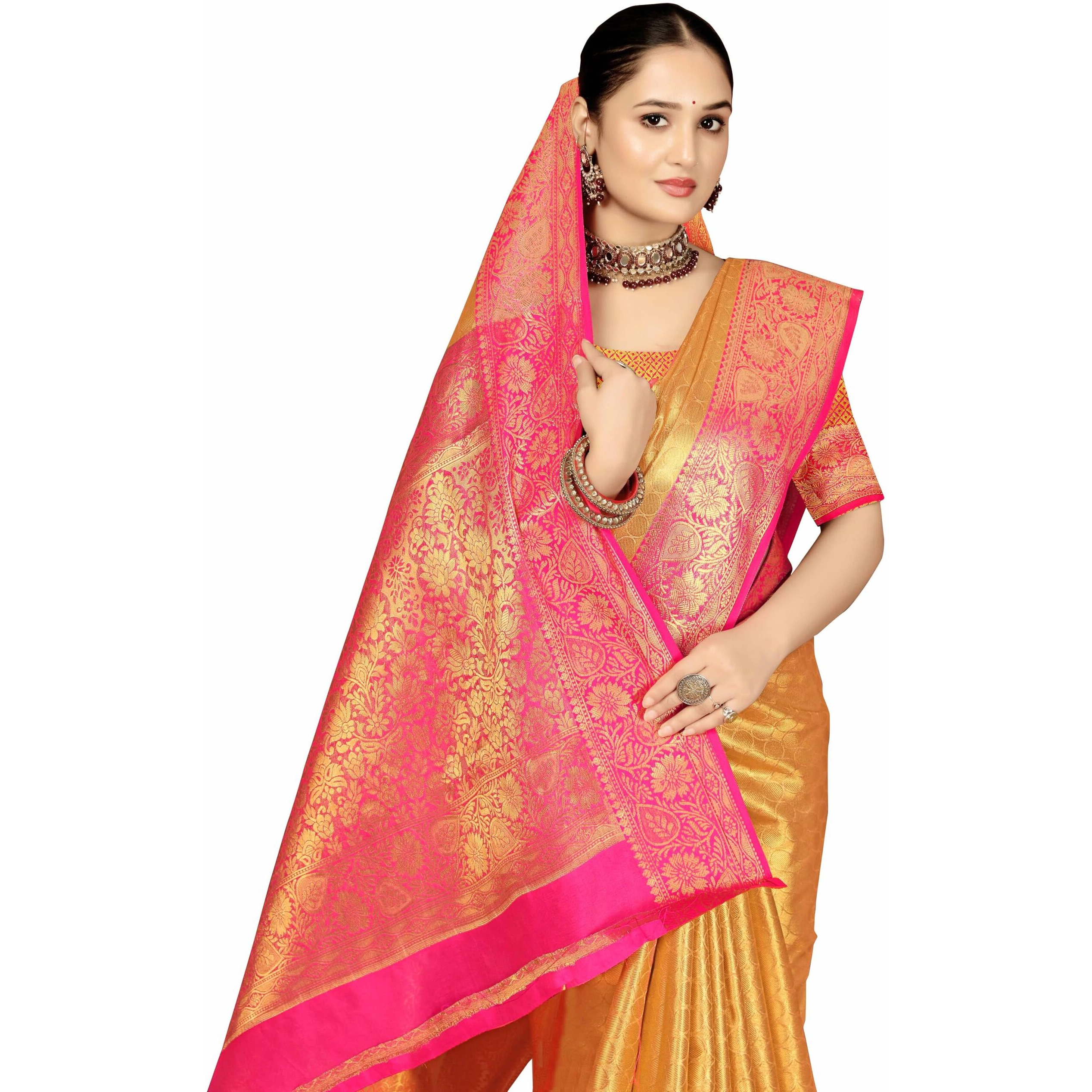 Sugathari Women's Gold And Pink Kanjivaram Banarasi Silk Saree For Patola Festival Wedding Silk With Rich Pallu Design Sarees For Women With Blouse Piece (Gold Star 2)