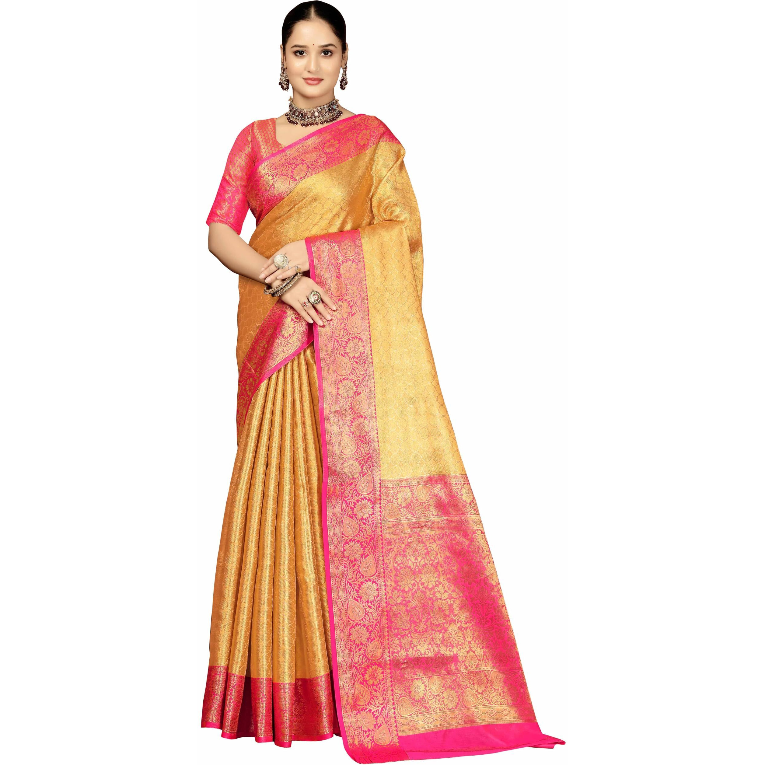 Sugathari Women's Gold And Pink Kanjivaram Banarasi Silk Saree For Patola Festival Wedding Silk With Rich Pallu Design Sarees For Women With Blouse Piece (Gold Star 2)