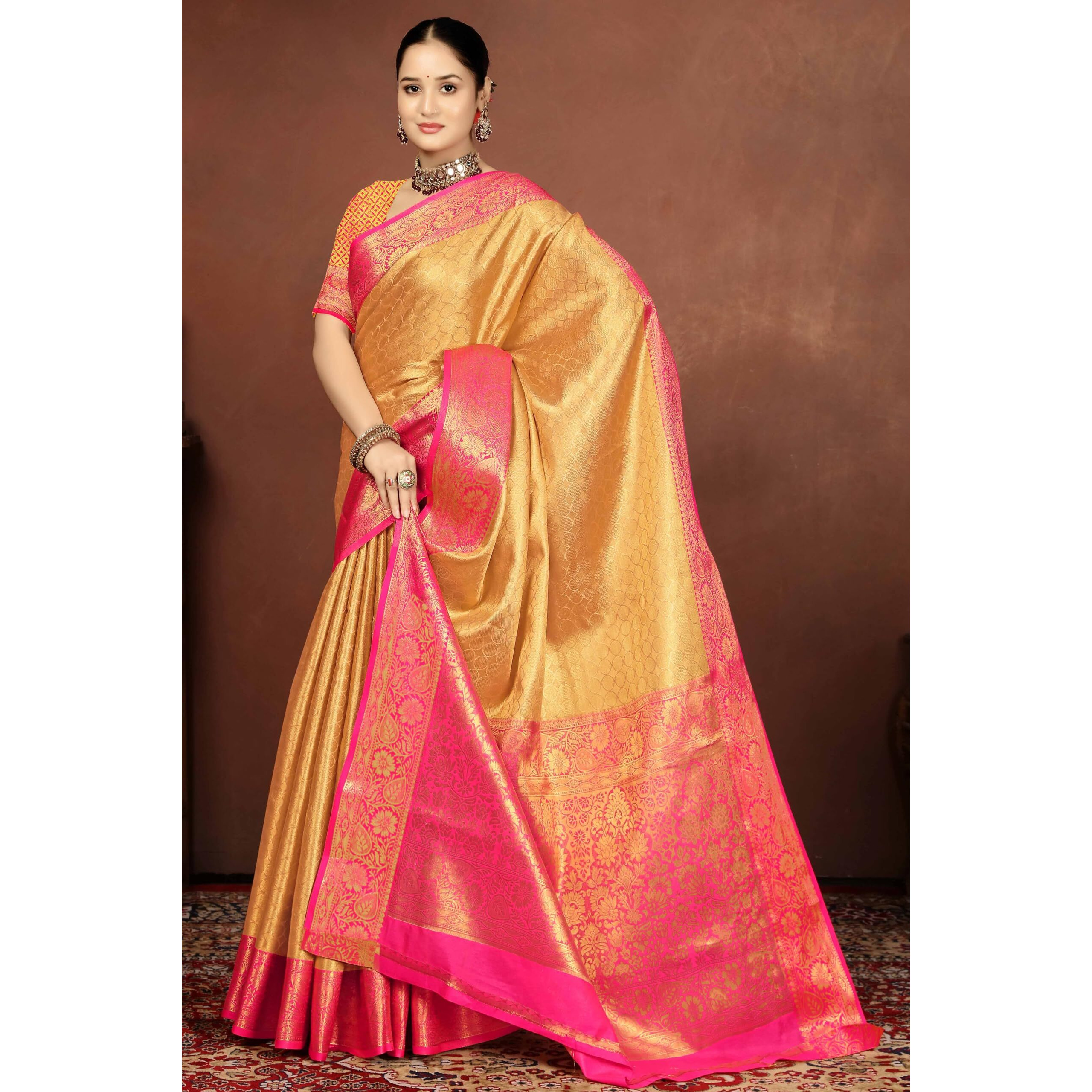 Sugathari Women's Gold And Pink Kanjivaram Banarasi Silk Saree For Patola Festival Wedding Silk With Rich Pallu Design Sarees For Women With Blouse Piece (Gold Star 2)