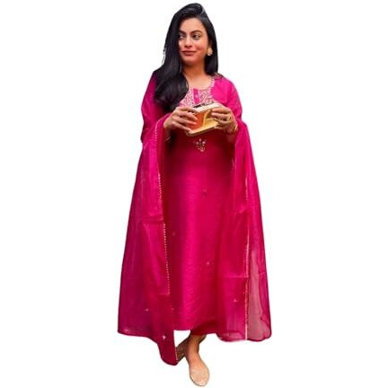 Shiv Textiles Women's Chanderi Silk Embroidered Kurta Pant Dupatta Set(Jda-Zara-Pink-Xl)