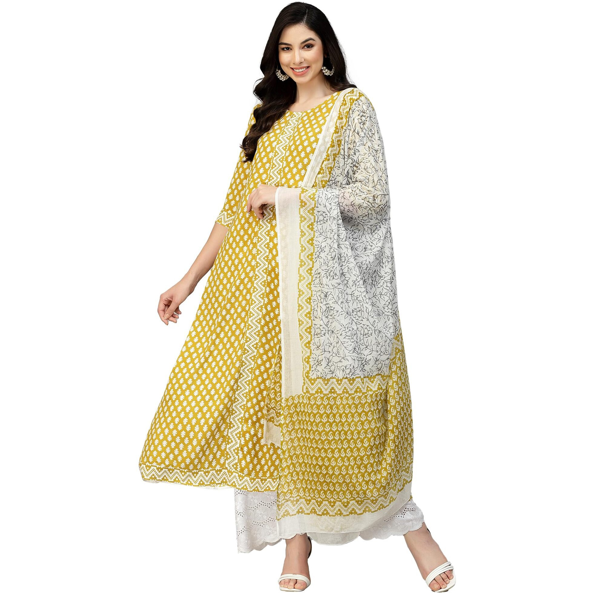 Stylum Women's Printed Rayon Kurta Dupatta Set (Summercorn40_Lime Green, L)
