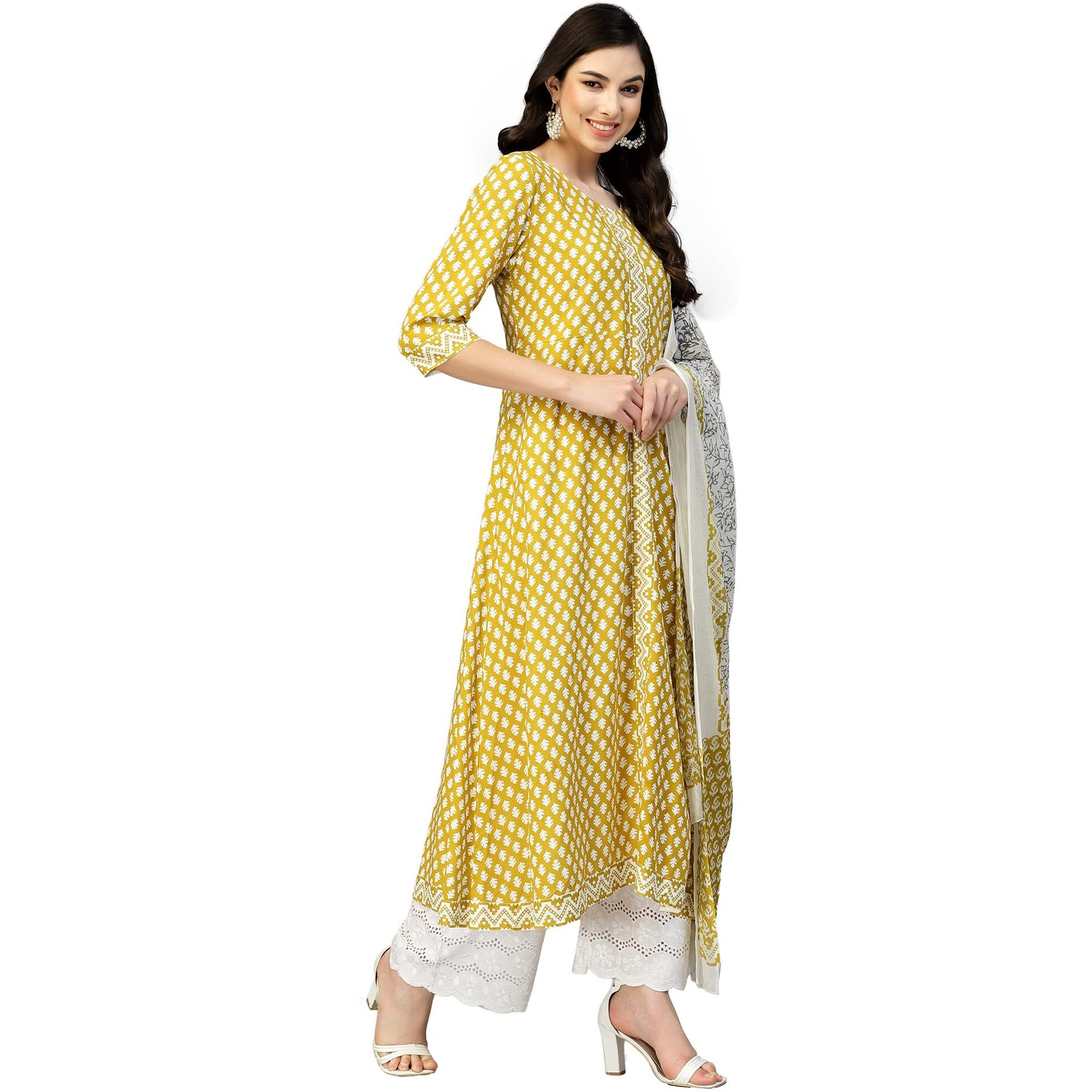 Stylum Women's Printed Rayon Kurta Dupatta Set (Summercorn40_Lime Green, L)
