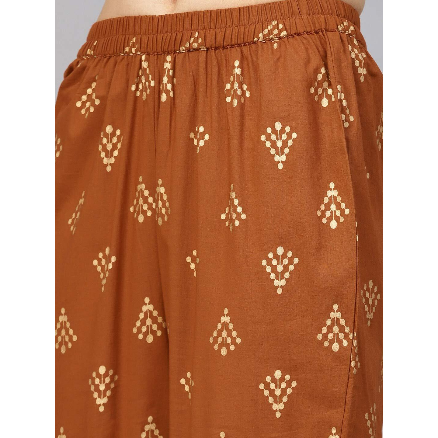 Idalia Womens Rust Gold Ethnic Kurta Set For Women Stylish Mandarin Collar Printed Cotton Kurta With Pant Set For Wedding & Festive